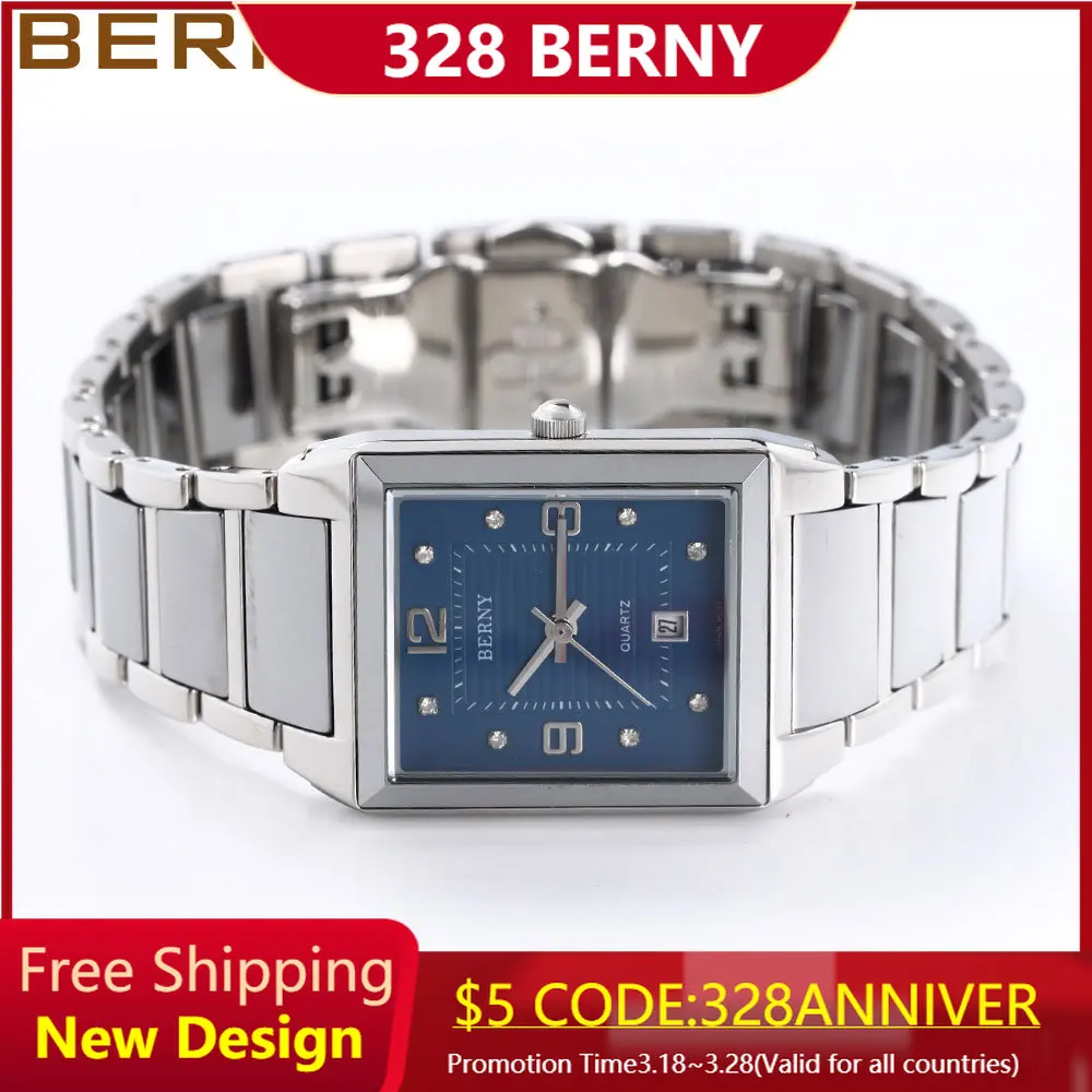 BERNY Quartz Watches for Ladies Square Tank Must Full Stainless Steel Wristwatches Sapphire Tungsten steel Case Waterproof Watch