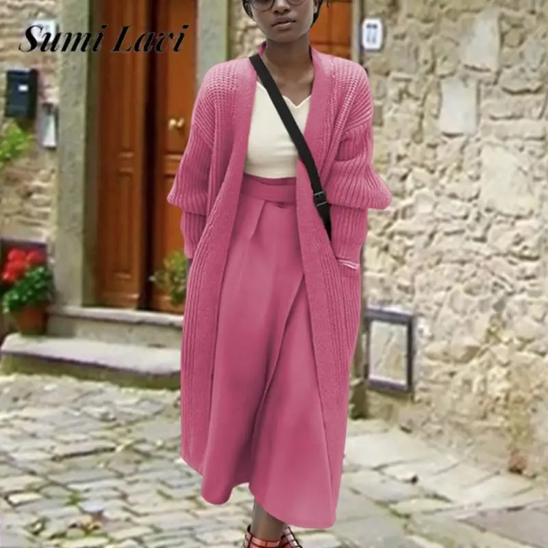 

2023 Casual Solid Color Big Pocket Loose Thick Sweater Fall Winter Women Knitted Cardigan Fashion Lady Long Sleeve Sweater Coats