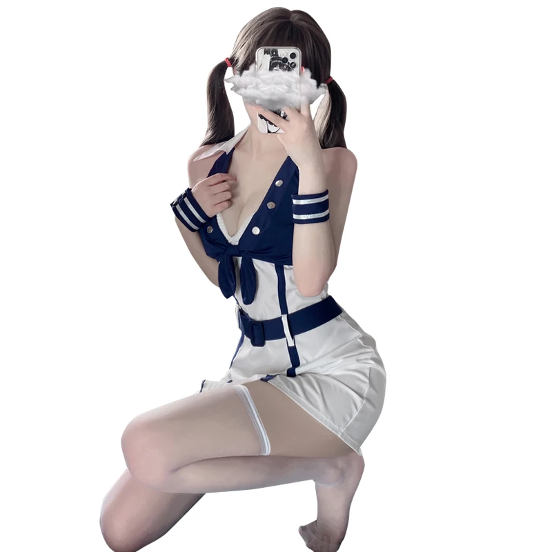 

Women Halter Sleeveless Deep V Neck Maid Uniform 2022 New Blue White Block Campus Pure Schoolgirl Costume Halloween Outfits