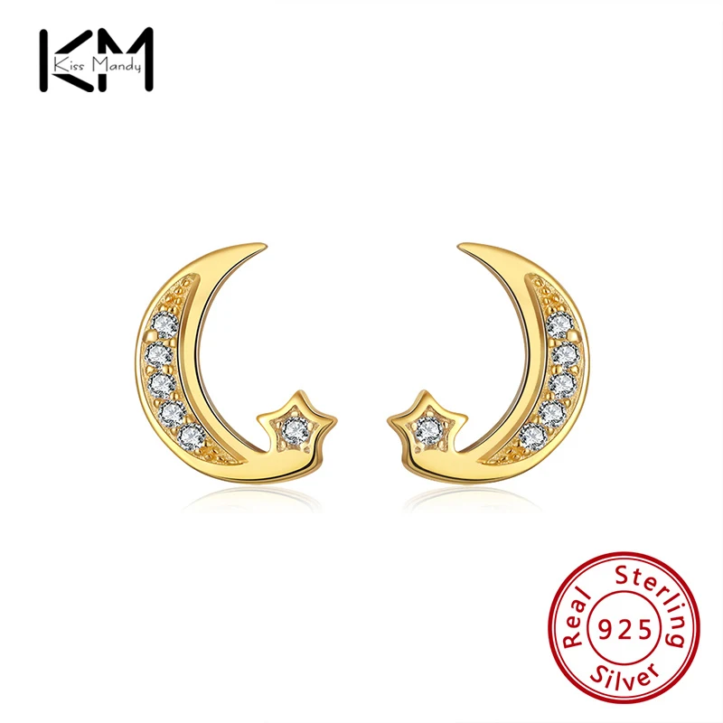 

KISS MANDY 925 Sterling Silver 14K Gold Plated Moon and Star Stud Earrings Sparkling Cubic Zirconia Fashion Women Jewelry APE17