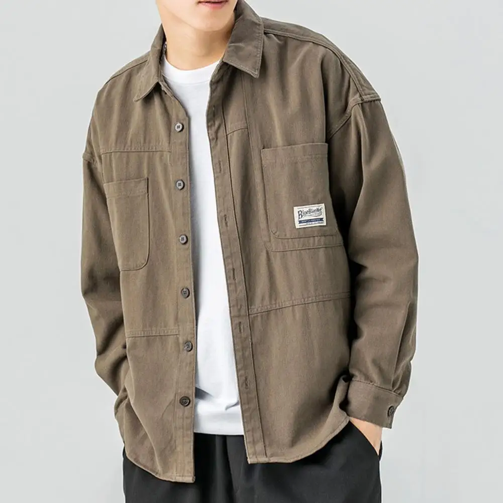 

Autumn Cargo Tops Pure Color Quick-drying Turn-down Collar Shirt Coat Streetwear