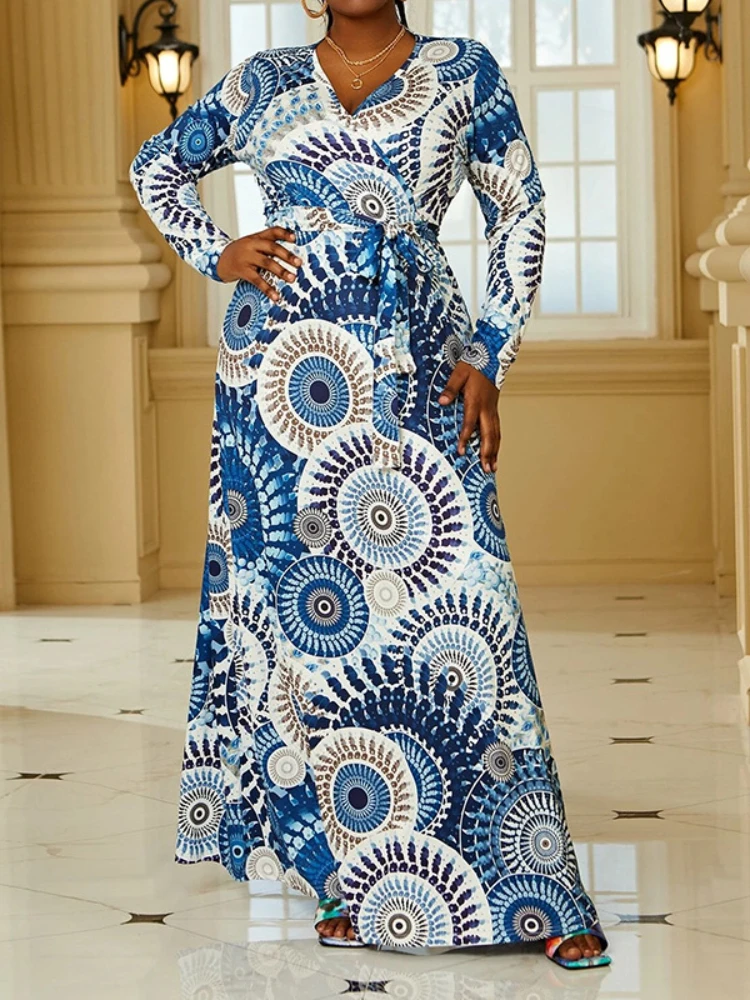 

Oversized Blue Print Dress Autumn Winter Floor Length Long Sleeve Robes Elegant Printing A Line Maxi Vestidos Homecoming 4XL 5XL
