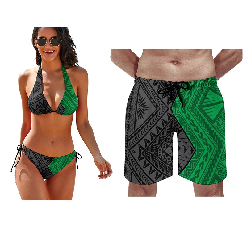 

Летний Пляжный Гавайский костюм для пары, женское бикини, мужские шорты, полинезийский художественный узор, индивидуальный купальник