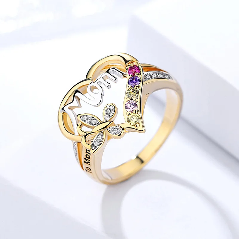 

Fashion Hollow Heart Mom Letter Butterfly Rings For Women Mother's Day Gifts Rhinestone Gold Color Finger Party Jewelry Anillo
