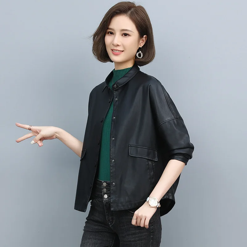 

New Women Autumn Black Real Leather Jackets Female Single Button Basic Coat Turn-down Collar Motor Casual Biker Jackets G56