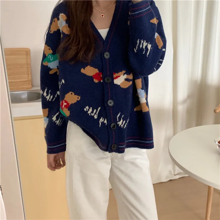 2023 Women Cartoon Bear Cardigan Jacquard Sweater Autumn Winter Korean V-Neck Outwear Preppy Female Cardigans Oversized Jumpers