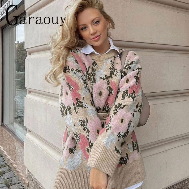 

Garaouy 2022 New Women Spring Autumn Long Sleeve Loose Sweater Flower Jacquard Pullover Knit Top Casual Round Neck Loose