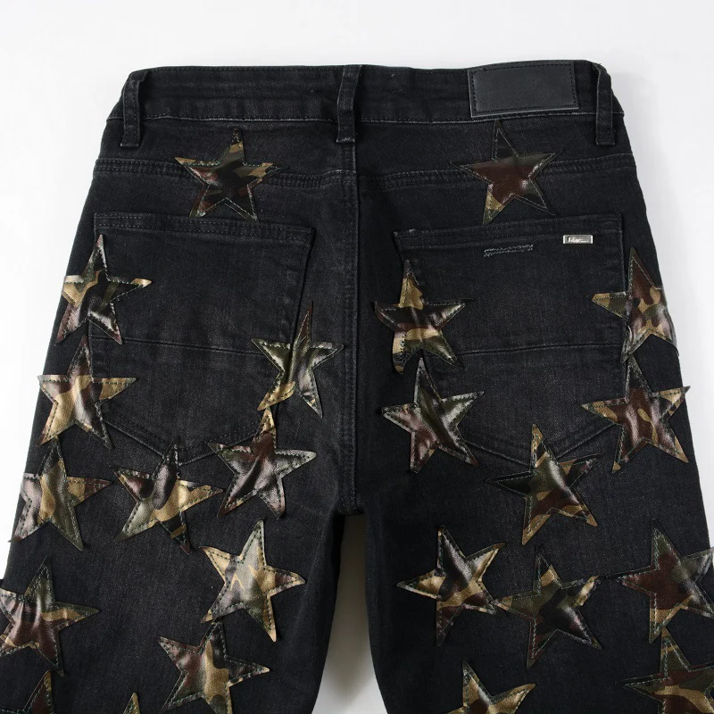 Men's Black Distressed Streetwear Gold Stars Patches Slim Stretch Skinny High Street Fashion Style Ripped Jeans