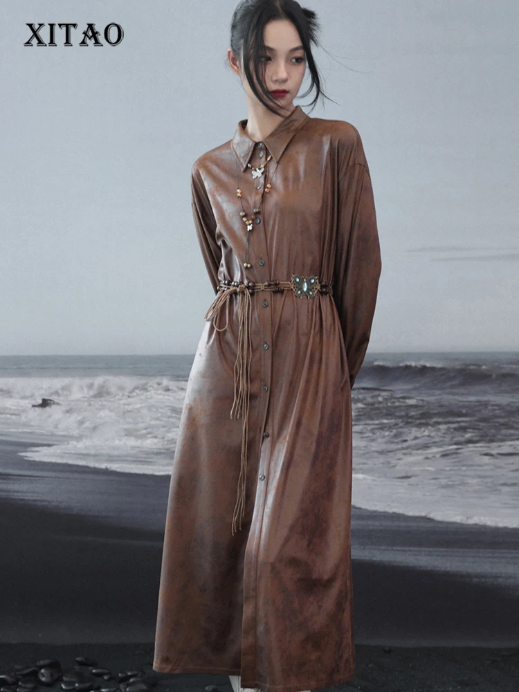 

XITAO Vintage Casual Shirt Dress Loose Fashion Simplicity Women Autumn New Turn-down Collar Long Sleeve Dress 2023 HQQ1417