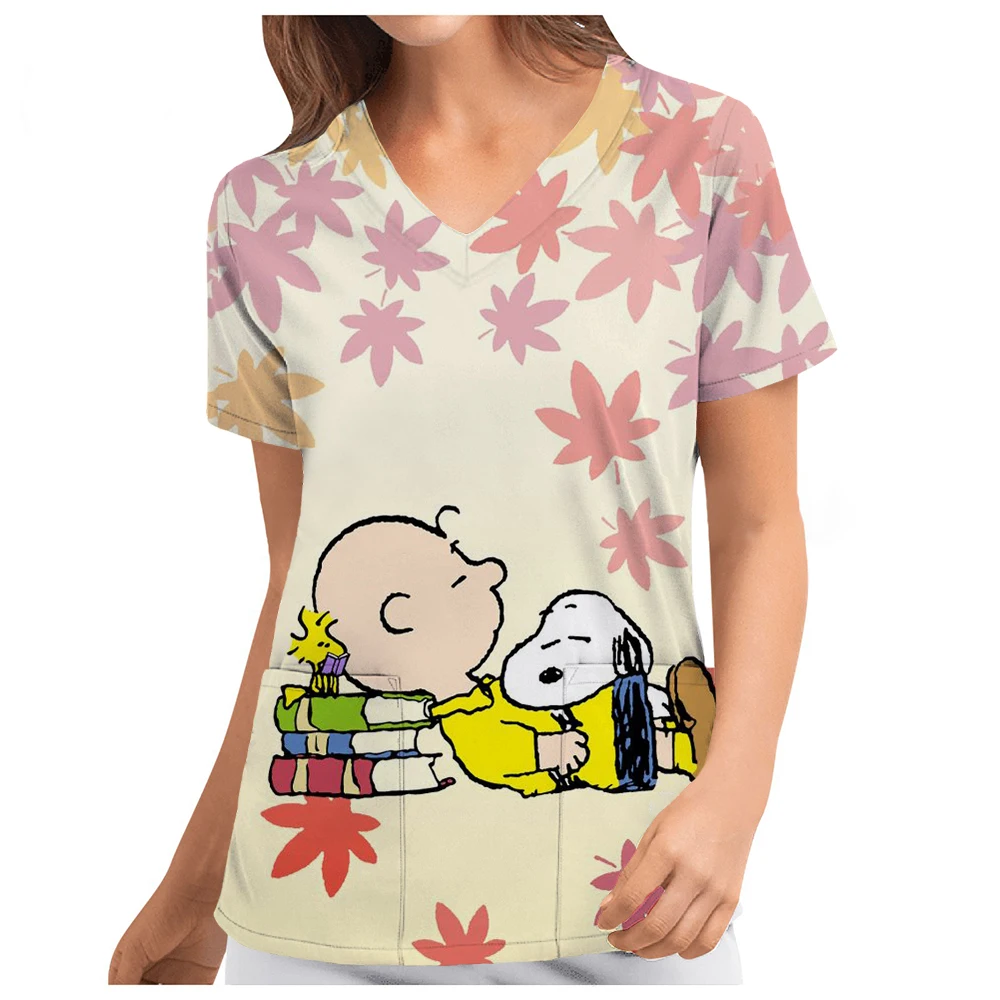 Pocket Women's T-shirt V Neck Nurse Uniform T-Shirt Y2k Clothes Snoopy S-2XL Cheap Top New Hospital Woman Clothing 2024