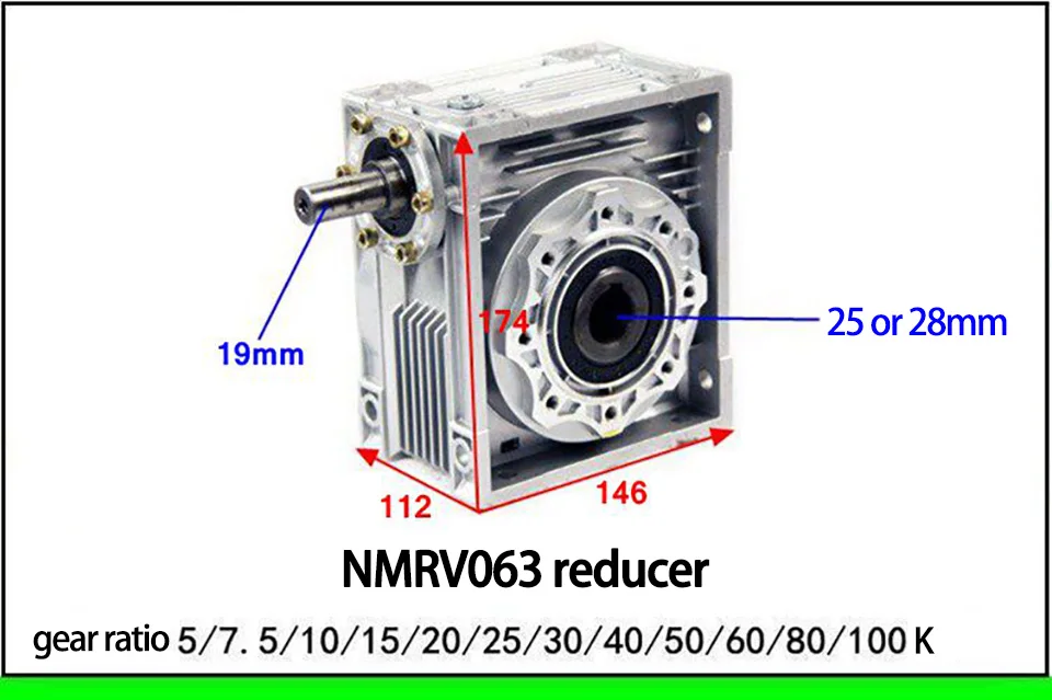 5:1-100:1 Редуктор червячной передачи входного вала NRV63 входной вал 19 мм выходное