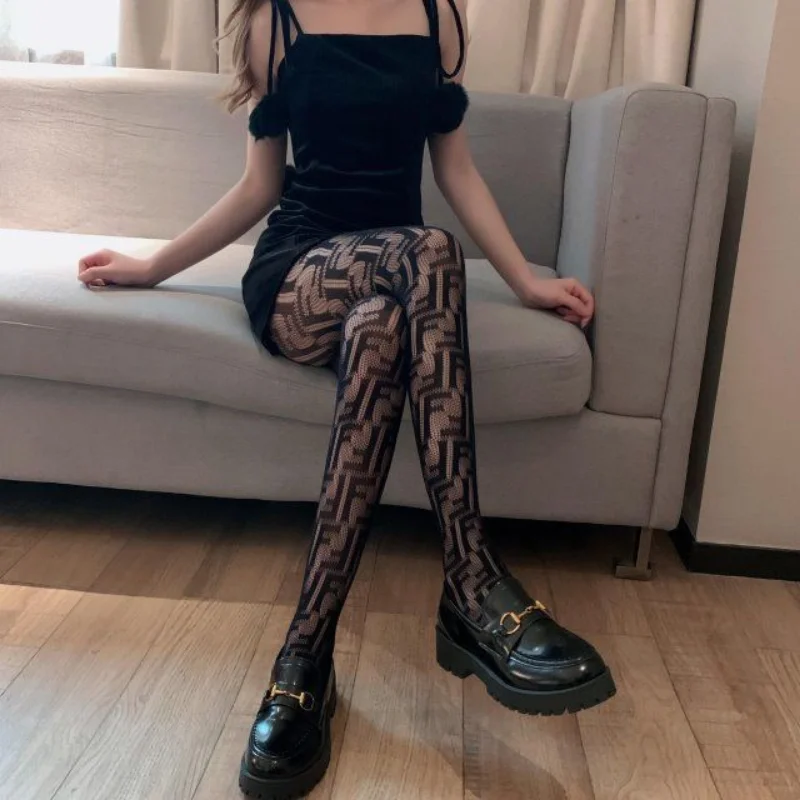 

Black Stockings Womens Sexy Eeglish Letter Hollow Lace Fishnet Fashion Sexy Ins Trendy Stockings