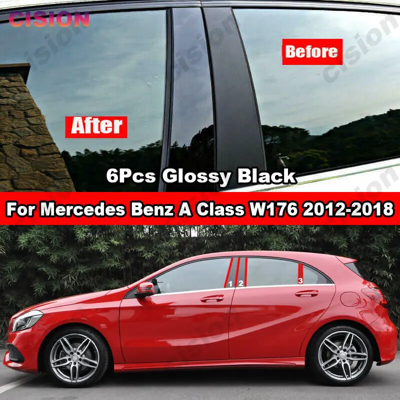 

For Mercedes Benz A Class W176 2012-2018 Window Door Column BC Pillars Posts Cover Trim Black Carbon Fiber Mirror Effect Sticker