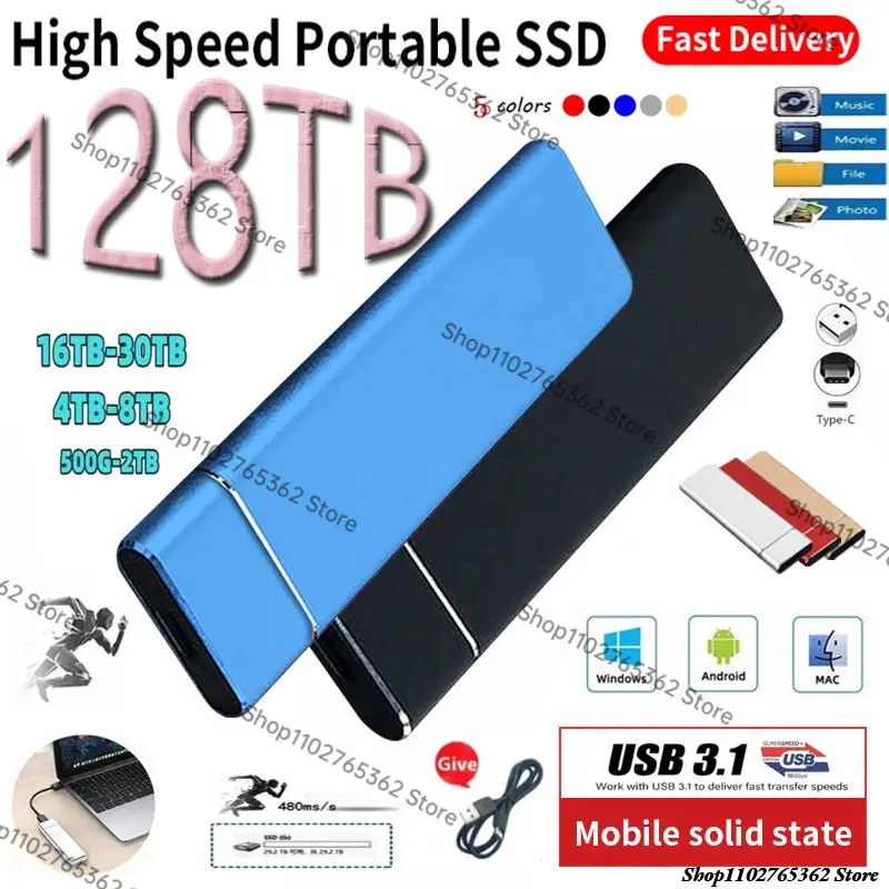 

High-Speed 2TB 4TB 8TB 16TB 64TB SSD Portable External Solid State Hard Drive USB3.1 Interface Mobile Hard Drive for Laptop Mac