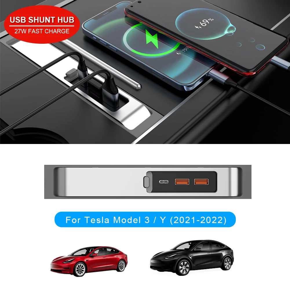 

Quick Interior Charger Intelligent USB Docking Station Shunt Hub For Tesla Model 3 Model Y 2021-2023 27W Waterproof Accessories