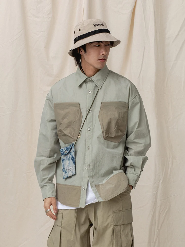 ASHFIRE 21SS urban outdoor fashion splicing casual shirt multi pocket long sleeve Nylon Japanese style street wear