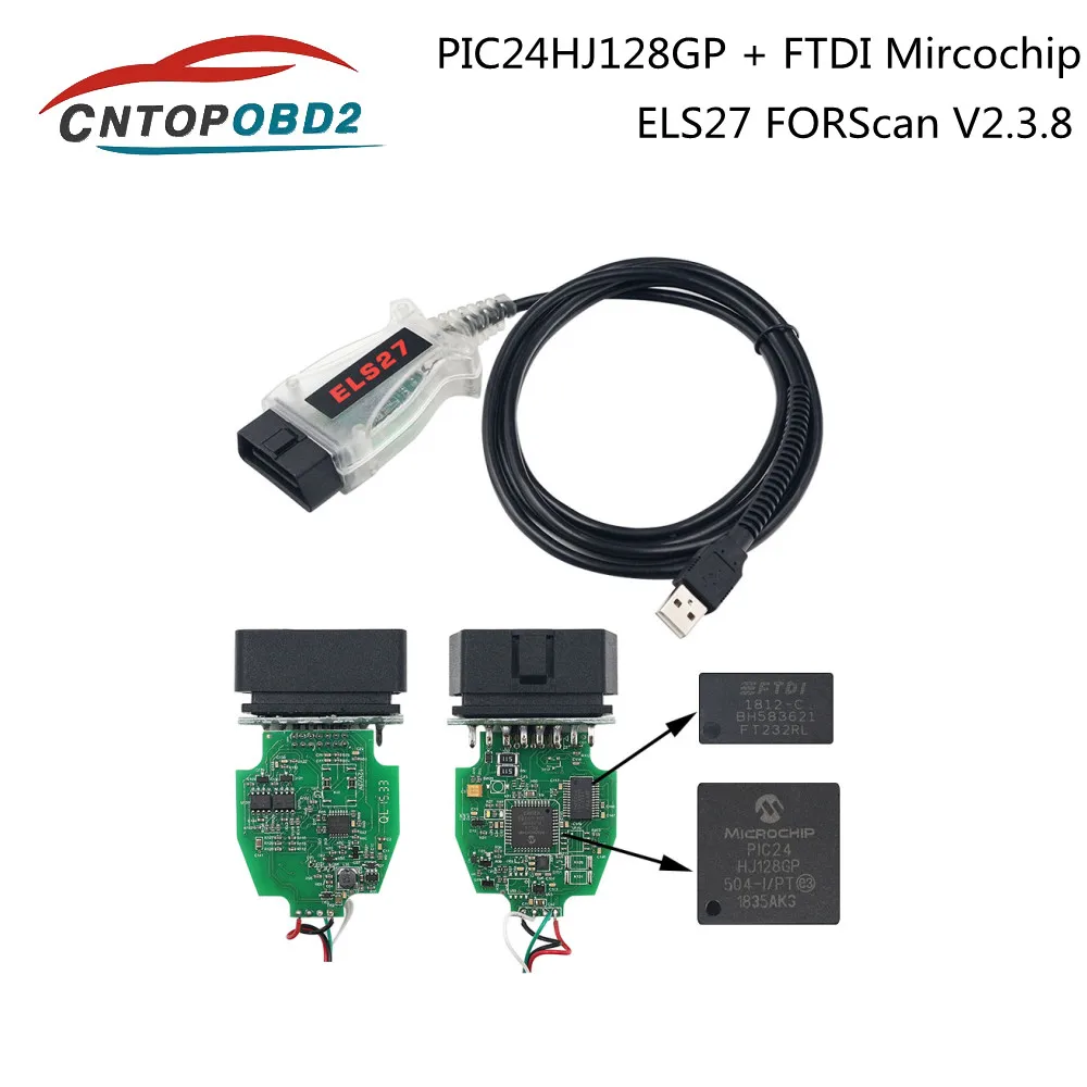 

Автомобильный диагностический инструмент ELS27 Forscan V2.3.8 для Ford для Mazda, зеленая печатная плата PIC24HJ128GP + чип FTDI OBD2, код кабеля, чтение 25K80 ELS27