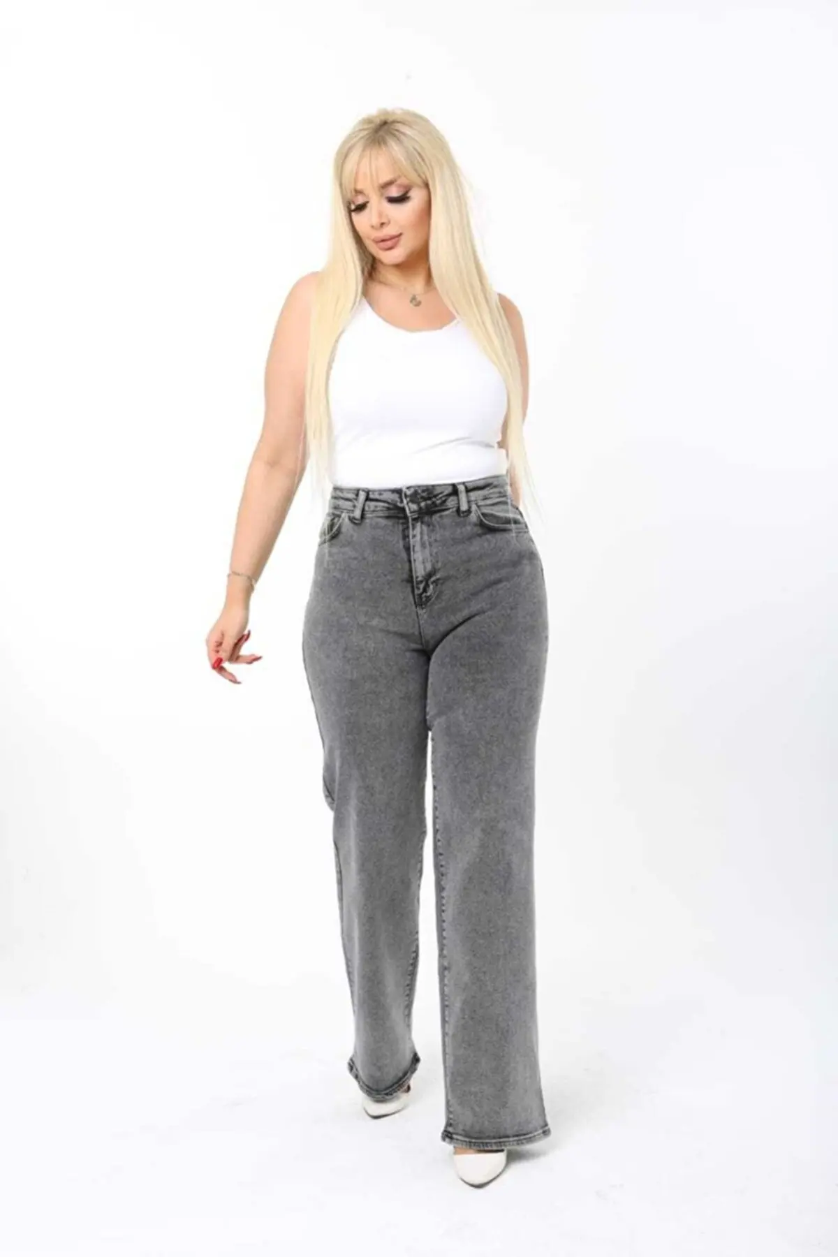 

High Waist Wide Leg Straight Gray Plus Size Women's Jeans