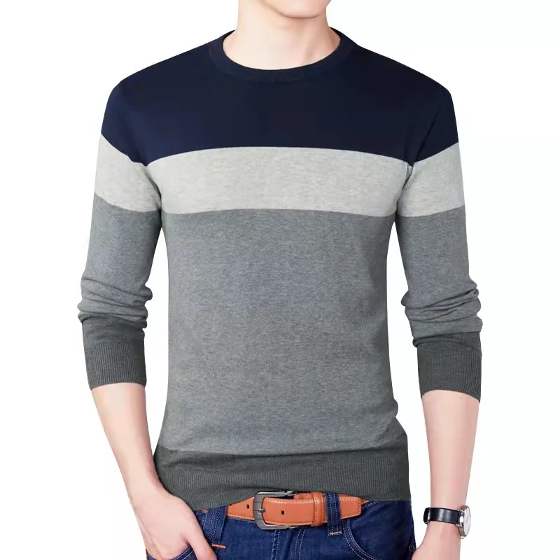 

Men's Spring And Autumn Casual Sweater O-Neck Stripe Stitching Slim-fit Knit Sweater Sweater Pullover M-3XL