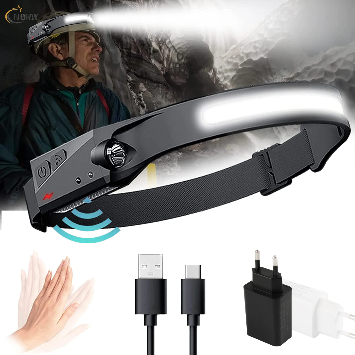 Фонарь налобный светодиодный Аккумуляторный с датчиком движения, 5 режимов, 350 лм, 230 °