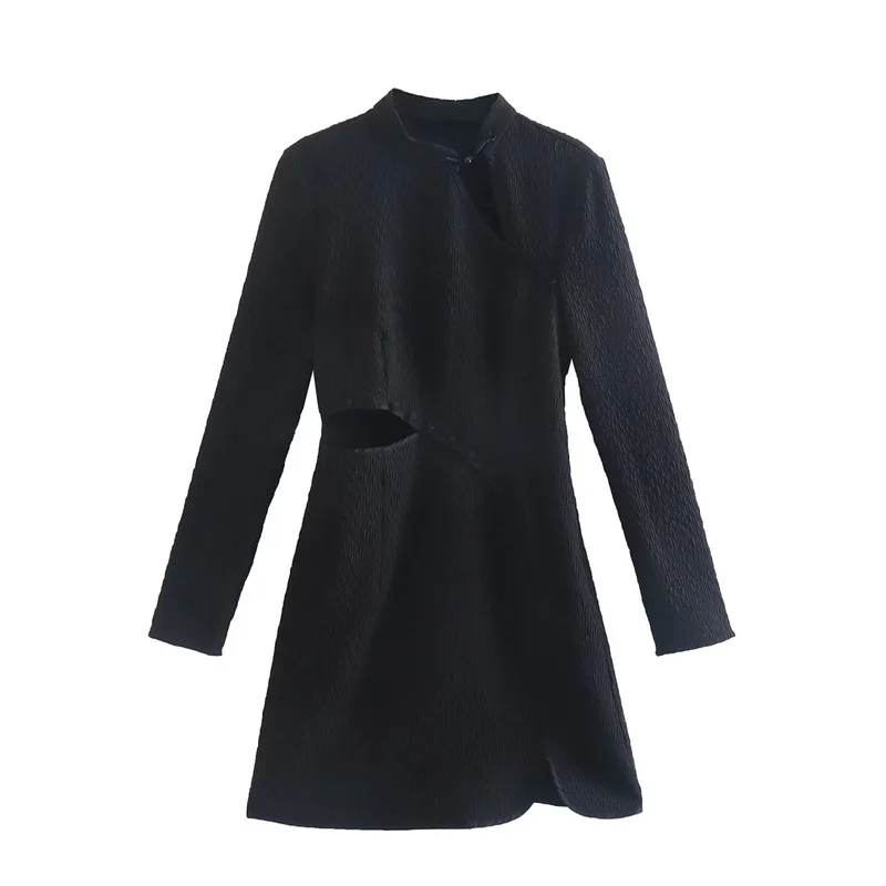 

MESTTRAF Sexy Design 2022 Women Hollow Out Black Button Decoration Mini Dress Retro Long Sleeve Female Dresses Vestidos