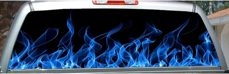 

Blue fire flames rear window view thru vinyl graphic decal
