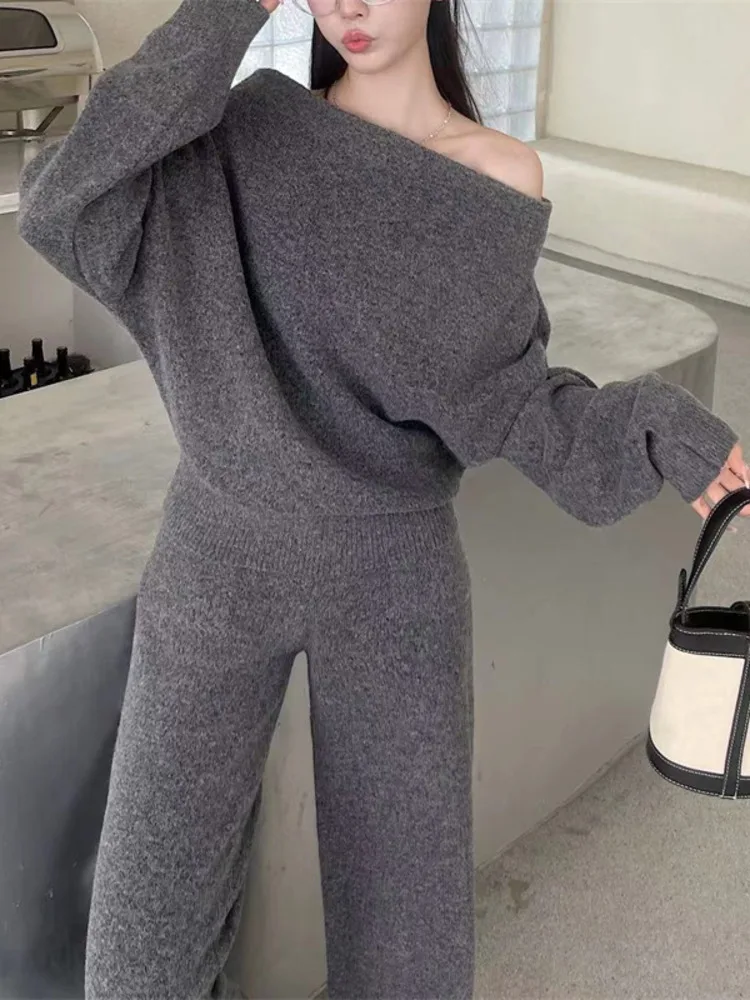 UCXQ Элегантные женские комплекты темпераментный трикотаж с вырезом на шее и