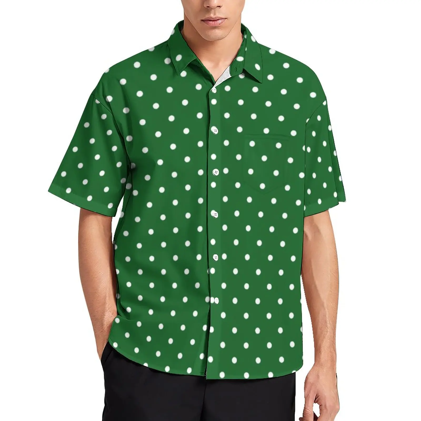 

White Polka Dot Casual Shirt Men Retro Green Vacation Shirt Hawaiian Retro Blouses Short-Sleeve Print Oversize Tops