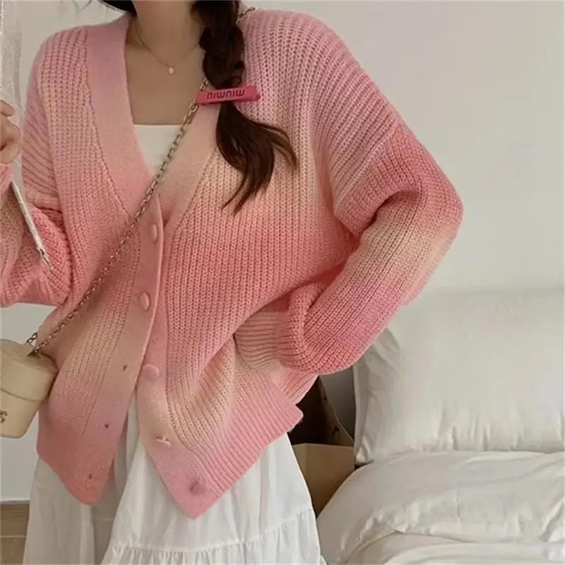 

Hsa Mixed Color Women's V Neck Cardigan Korean Fashion Single Breasted Loose Sweater Coat Woman Chic Sweet Knitted Cardigans