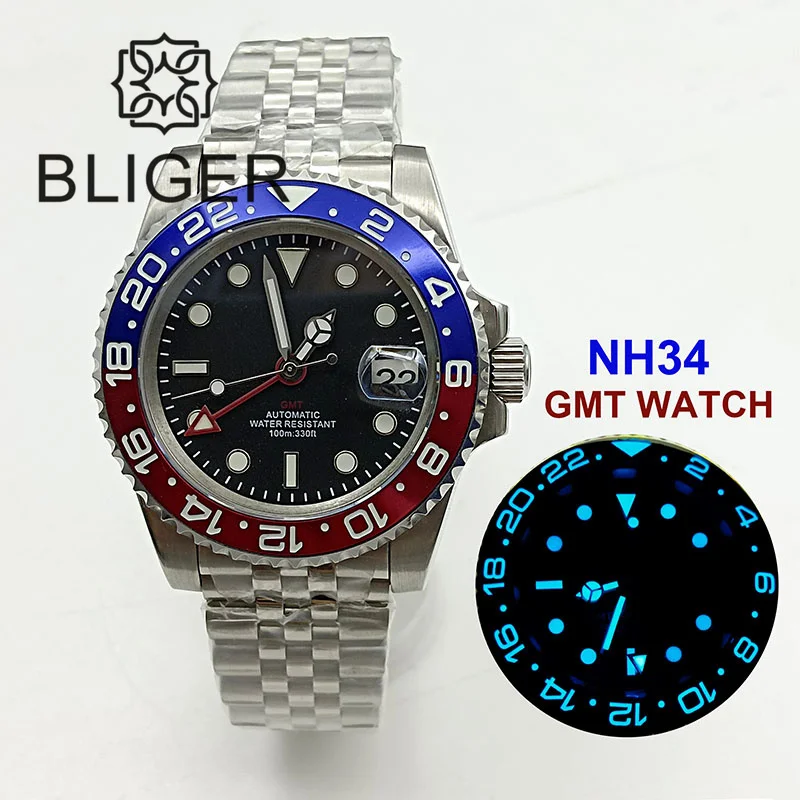 

Мужские часы BLIGER 40 мм NH34 GMT механические наручные часы синяя светящаяся рамка циферблат стрелки сапфировое стекло двунаправленное вращающееся кольцо