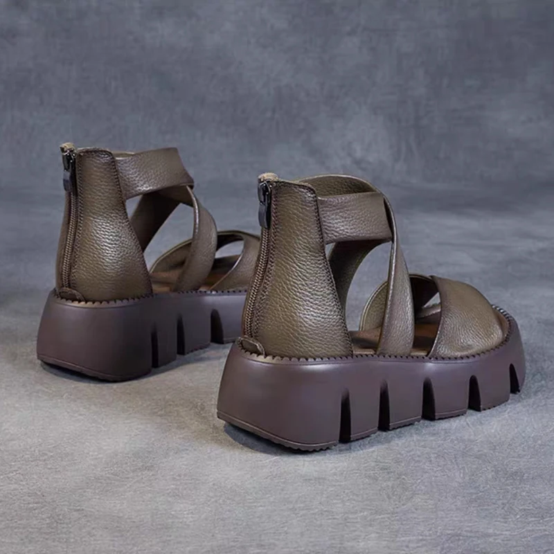 Handmade Retro Sandals Women Summer 2023 Cross Genuine Cow Leather Wedges Platform Gladiator Sandals Women Cool Boots