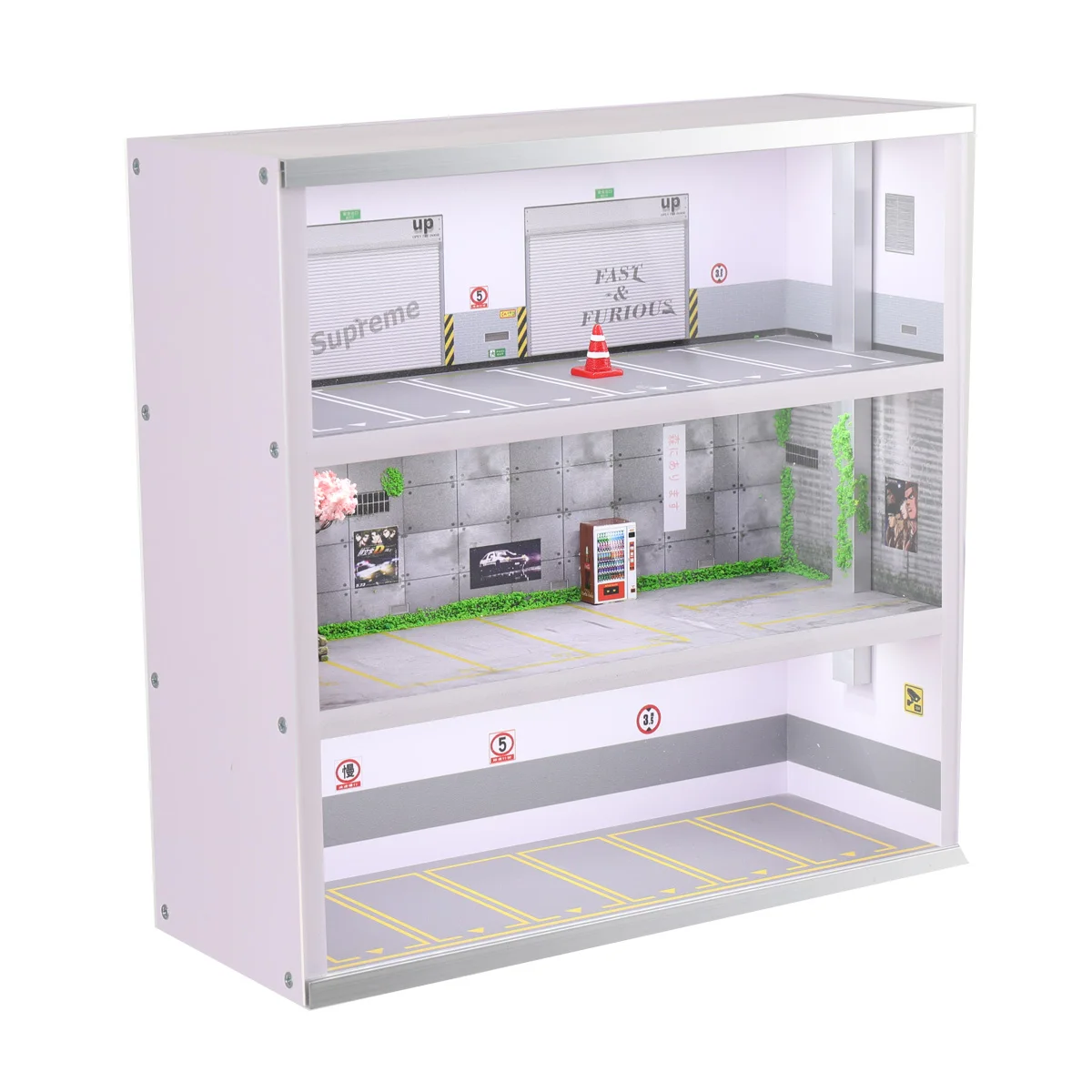 

1/64 Scale Diorama Car Garage Model LED Lighting Car Display Case Scenery Aluminum Alloy Acrylic For Toy Cars Simulation Garage