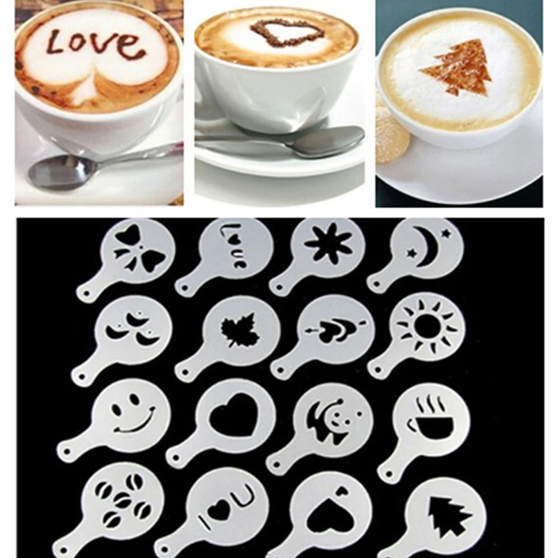 16Pcs Plastic Garland Mold Fancy Coffee Printing Model Cream Thick Cafe Foam Spray Template Barista Stencils Decoration Tools