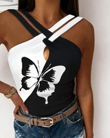 sexy womens tank top new casual butterfly print colorblock crisscross halter tank top hollow out 2022 summer fashion vest y2k