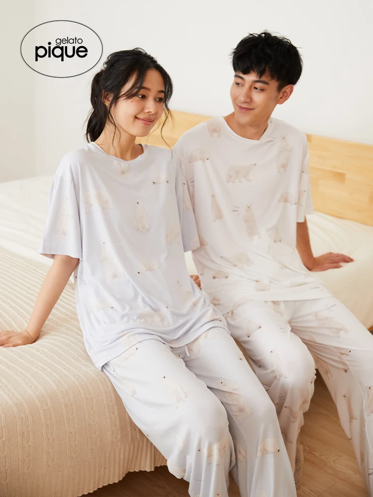 Men's Room Wear Gelato Pique Couple Pajamas Set Ladies Summer Cool Polar Bear Printing