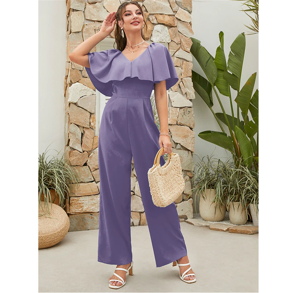 

2024 New Summer Elegant Jumpsuits for Women Ruffle Cape Sleeve V Neck Wide Leg Pant Romper Casual Party Overalls Female Playsuit