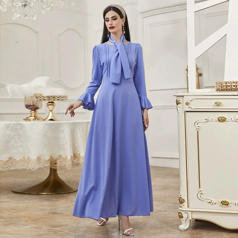 

Women Casual Elegant Maxi Dresses 202 New Spring Autumn A-Line Solid Long Sleeve Ruffle Slim Turkish Evening Party Robe Vestido