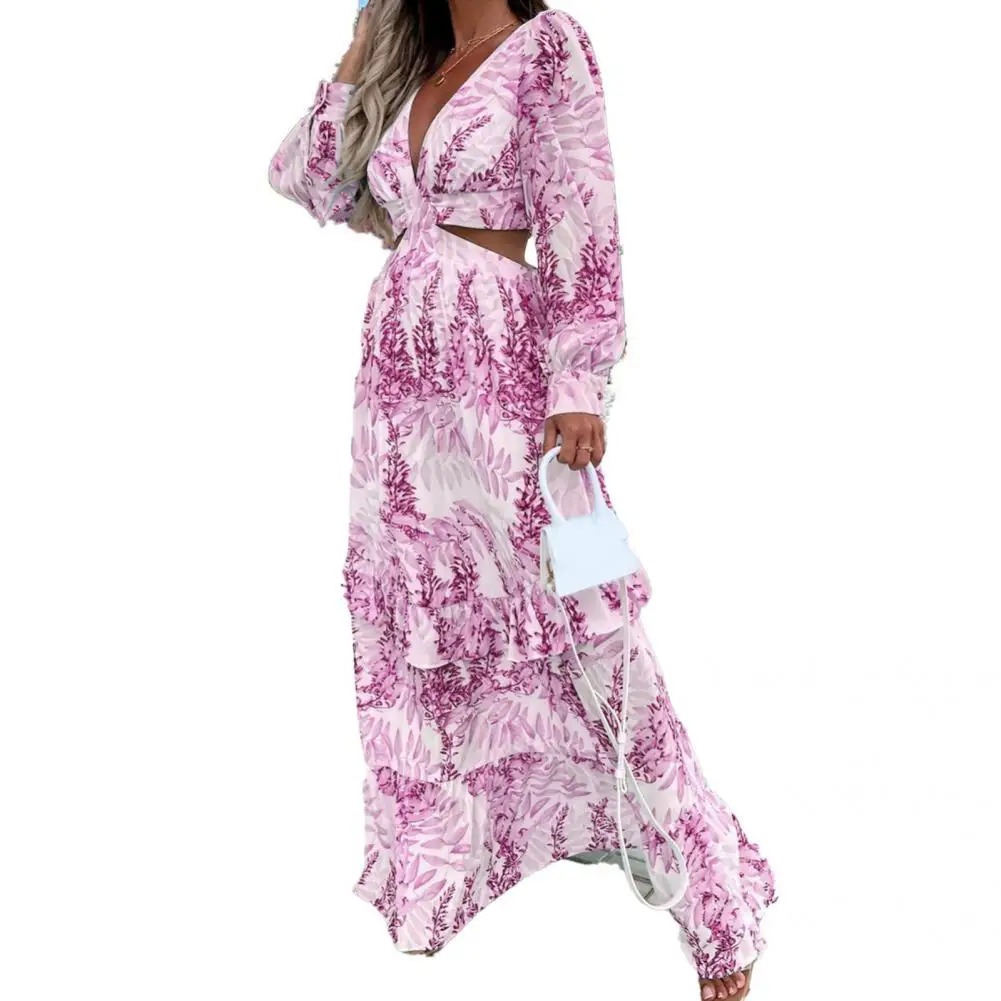 

Long Sleeve Dress Women for Beach Maxi Large Hem Deep V Neck Floral Leaf Print for Beach