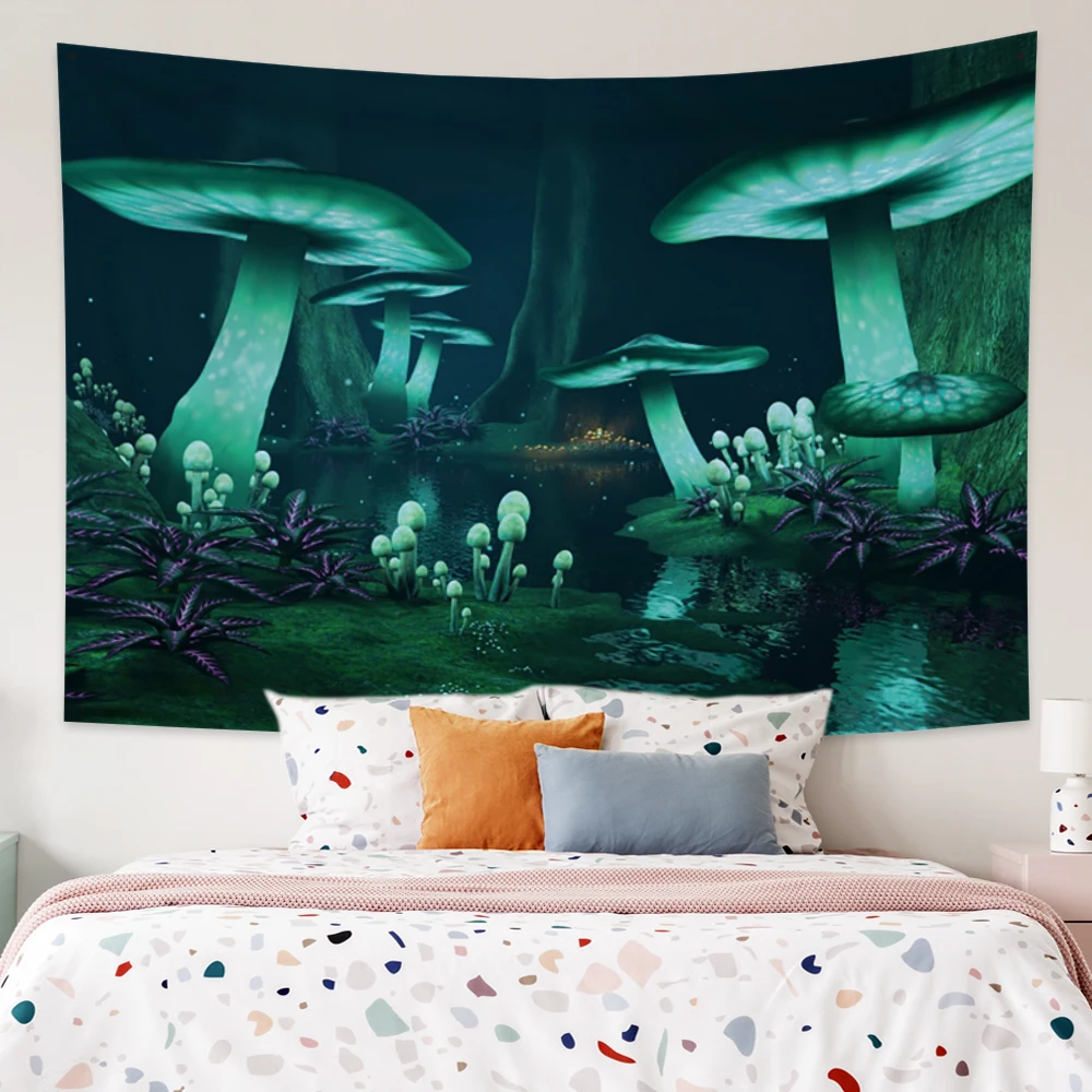 

Wonderland Fluorescence Mushroom Mandala Decor Tapestry Trippy Room Dorm Black Esotericism Printing Mounted Cheap Wall Hanging