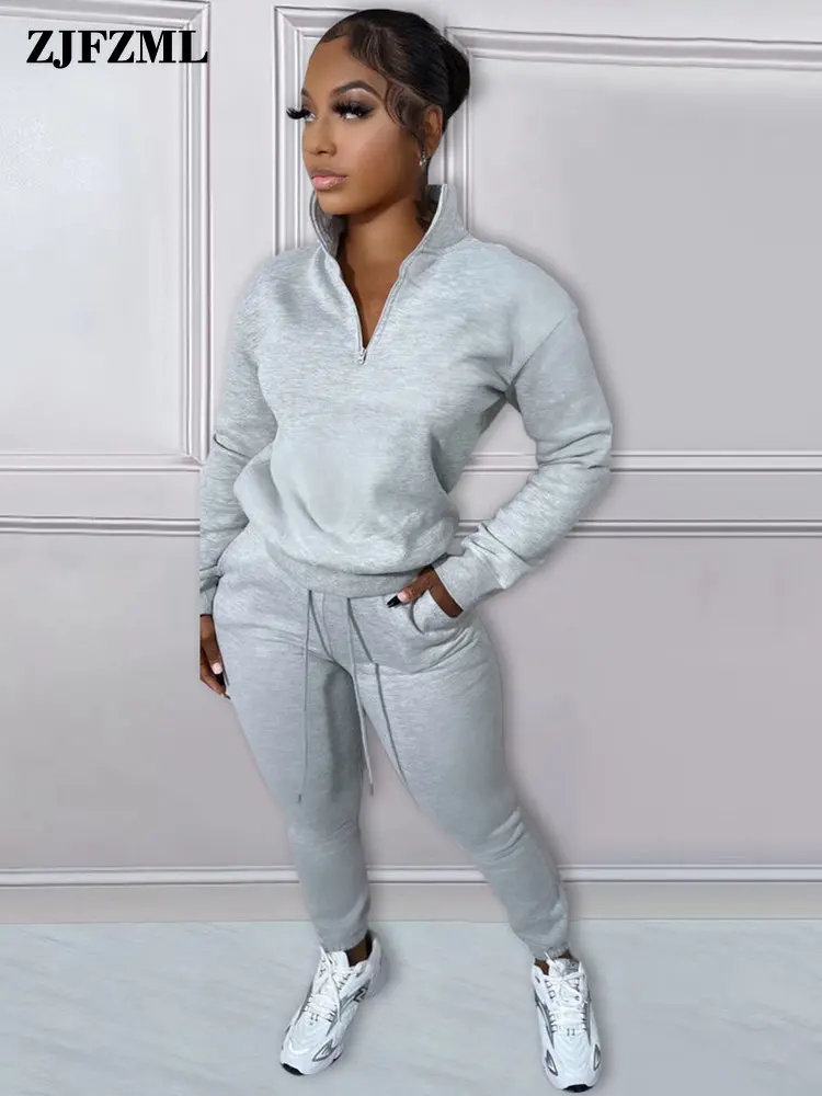 

Casual Solid 2 Piece Workout Sets Female Sporty Tracksuits Hipster Zip-up Full Sleeve Pullover + Active Jogging Pant Sweatsuits