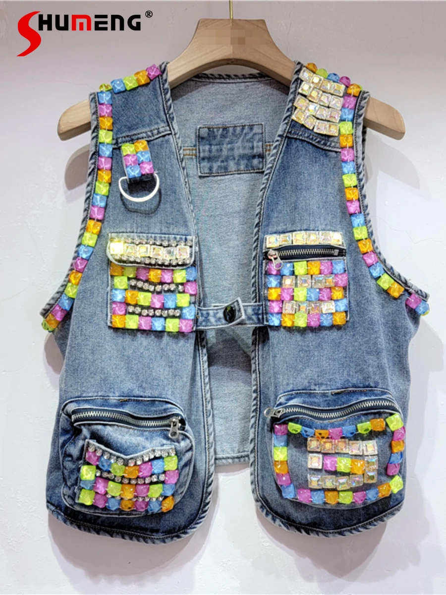 

2022 Spring Autumn New Streetwear Exquisite Rhinestone Versatile Stylish Denim Vest Women's Fashion Elegant Sequined Waistcoat