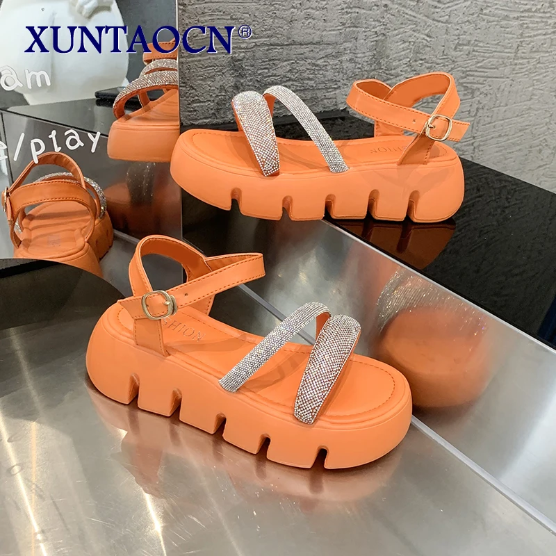 

Bling Crystal Chunky Sandals Women Summer Ankle Strap Thick Bottom Platform Sandals Woman 2022 New Non-slip Sandalias