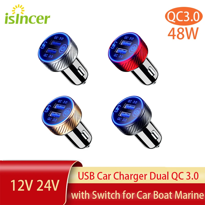 

Зарядное устройство 12-24 В 3,0 USB, двойное быстрое зарядное устройство QC3.0 36 Вт, адаптер для телефона с сенсорным выключателем светильник ка для...