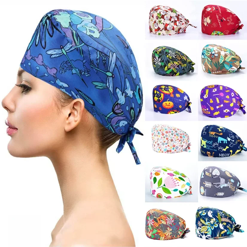 

Cap Uniform Nurse Woman Working Cap Unisex Printed Adjustable Absorb Sweat Surgical Workwear Groomer Clothes
