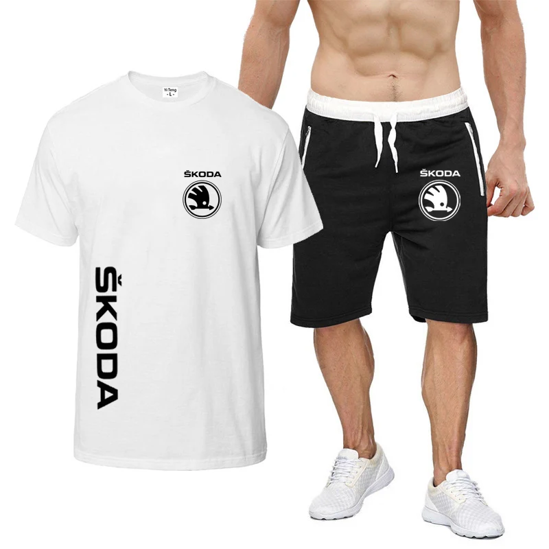 

2023 New Skoda Car Logo Summer 2-Piece Set Mens Printing T-shirt Shorts Short Sleeve Solid Sportswear Running Casual Pants Suit