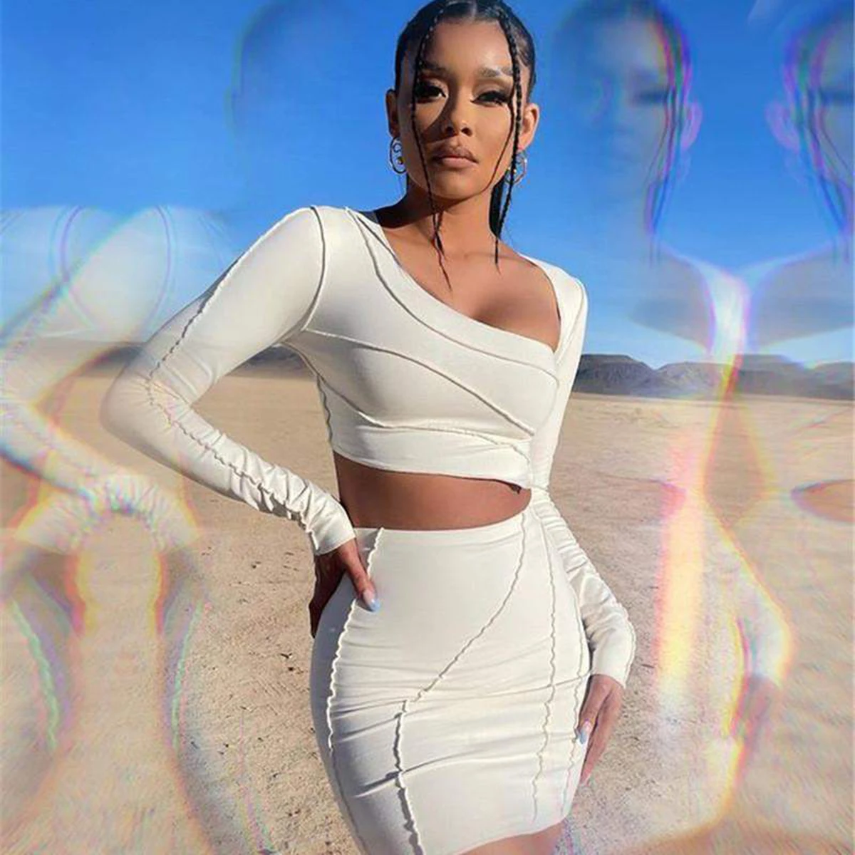 

Oshoplive 2022 Summer Female Sexy Tight Fashion High Waist Skirt Long Sleeve T-Shirt Solid Color Striped Skirt Suit for Women