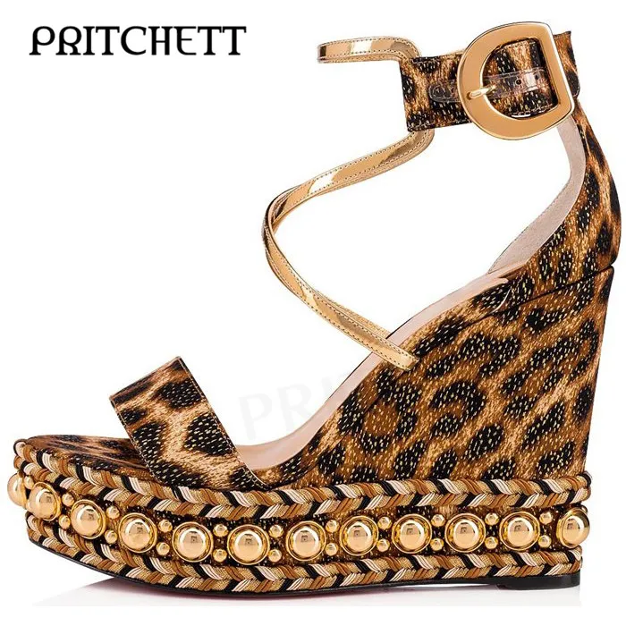 Luxury Leopard Print Wedge Platform Sandals Gold Pearl Metal Buckle One Word Strap Sandals Cross Thin Strap Fashion Women's Shoe