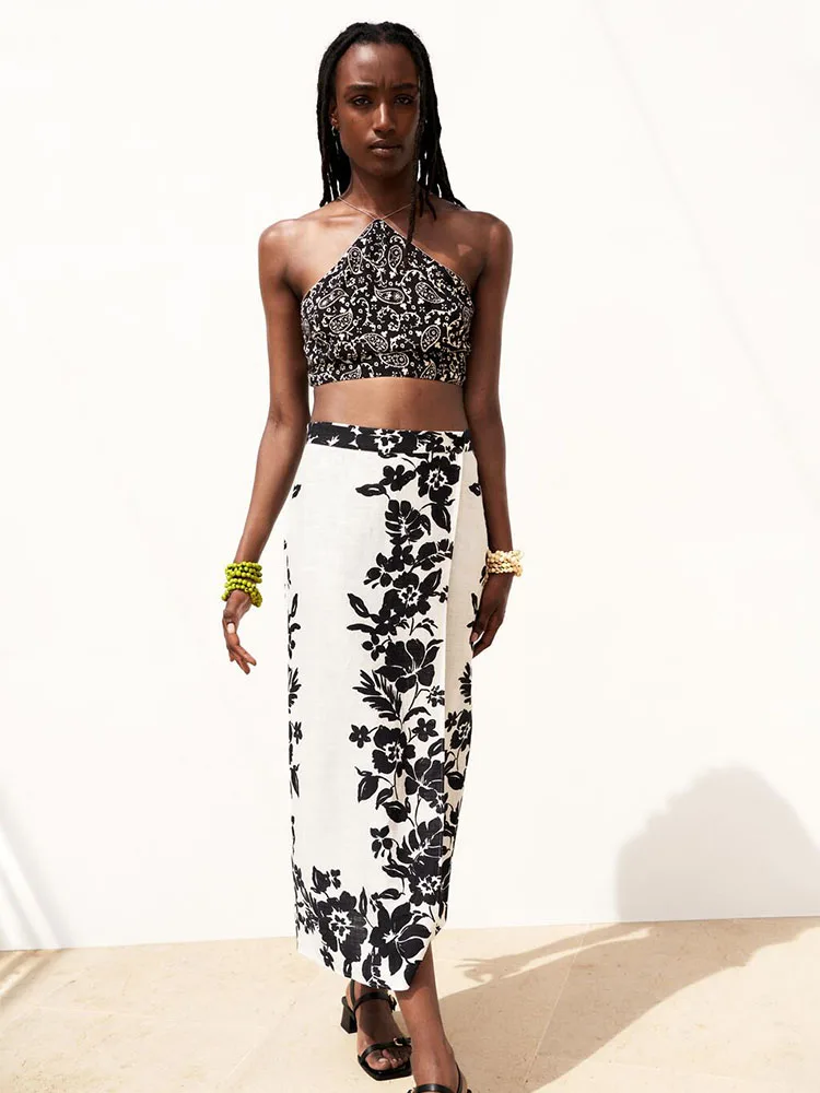 

Женская универсальная юбка миди на пуговицах, белая юбка с цветочным принтом и разрезом, юбка с высокой талией для лета