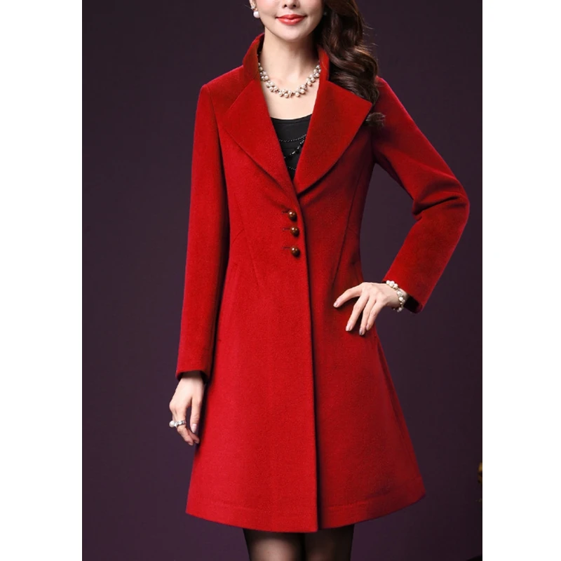 Women Woolen Coat Autumn Winter Solid Slim Single-Breasted Coat Women Long Sleeve Stand Collar Turn-down Collar Long Woolen Coat