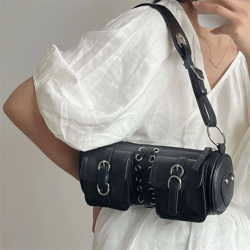 

Y2K Black Cylinder Underarm Bags Double Pocket Design Ladies Shoulder Bag Fashion Female PU Leather Purse Women Handbags 2023